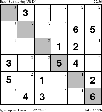 The grouppuzzles.com Easy Sudoku-6up-UR-D puzzle for Saturday December 5, 2020 with the first 3 steps marked