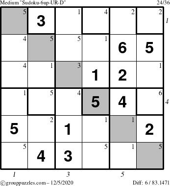 The grouppuzzles.com Medium Sudoku-6up-UR-D puzzle for Saturday December 5, 2020, suitable for printing, with all 6 steps marked