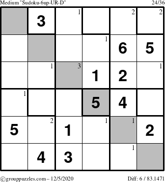 The grouppuzzles.com Medium Sudoku-6up-UR-D puzzle for Saturday December 5, 2020 with the first 3 steps marked