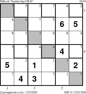 The grouppuzzles.com Difficult Sudoku-6up-UR-D puzzle for Saturday December 5, 2020 with all 8 steps marked