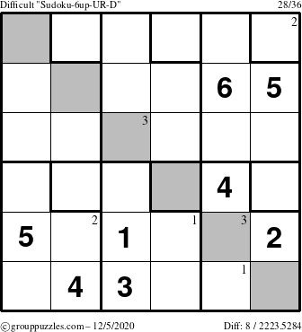 The grouppuzzles.com Difficult Sudoku-6up-UR-D puzzle for Saturday December 5, 2020 with the first 3 steps marked