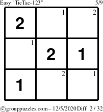 The grouppuzzles.com Easy TicTac-123 puzzle for Saturday December 5, 2020 with the first 2 steps marked