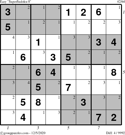 The grouppuzzles.com Easy SuperSudoku-8 puzzle for Saturday December 5, 2020, suitable for printing, with all 4 steps marked