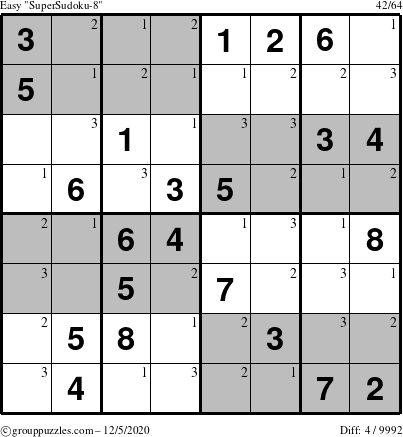 The grouppuzzles.com Easy SuperSudoku-8 puzzle for Saturday December 5, 2020 with the first 3 steps marked