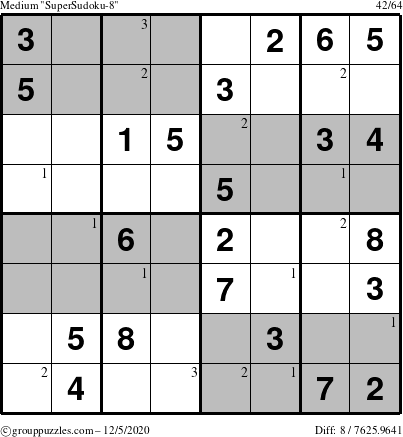 The grouppuzzles.com Medium SuperSudoku-8 puzzle for Saturday December 5, 2020 with the first 3 steps marked