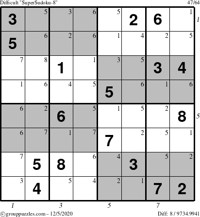 The grouppuzzles.com Difficult SuperSudoku-8 puzzle for Saturday December 5, 2020 with all 8 steps marked