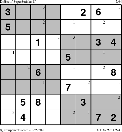 The grouppuzzles.com Difficult SuperSudoku-8 puzzle for Saturday December 5, 2020 with the first 3 steps marked