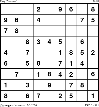 The grouppuzzles.com Easy Sudoku puzzle for Saturday December 5, 2020