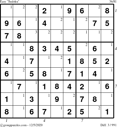 The grouppuzzles.com Easy Sudoku puzzle for Saturday December 5, 2020 with all 3 steps marked