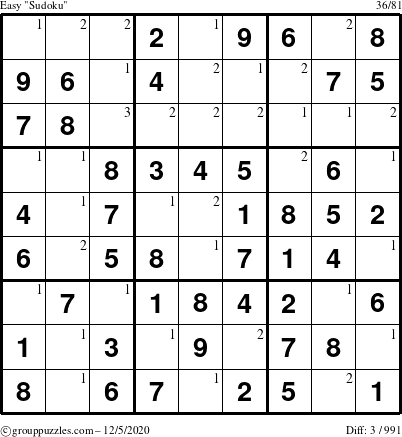 The grouppuzzles.com Easy Sudoku puzzle for Saturday December 5, 2020 with the first 3 steps marked