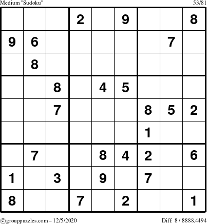 The grouppuzzles.com Medium Sudoku puzzle for Saturday December 5, 2020