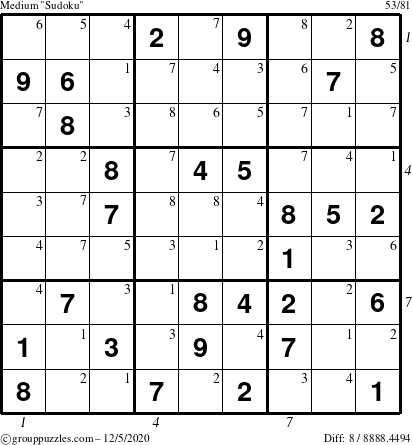 The grouppuzzles.com Medium Sudoku puzzle for Saturday December 5, 2020 with all 8 steps marked