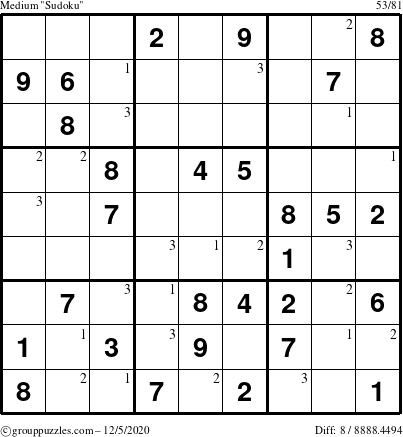 The grouppuzzles.com Medium Sudoku puzzle for Saturday December 5, 2020 with the first 3 steps marked