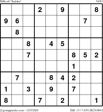 The grouppuzzles.com Difficult Sudoku puzzle for Saturday December 5, 2020