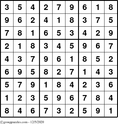 The grouppuzzles.com Answer grid for the Sudoku puzzle for Saturday December 5, 2020