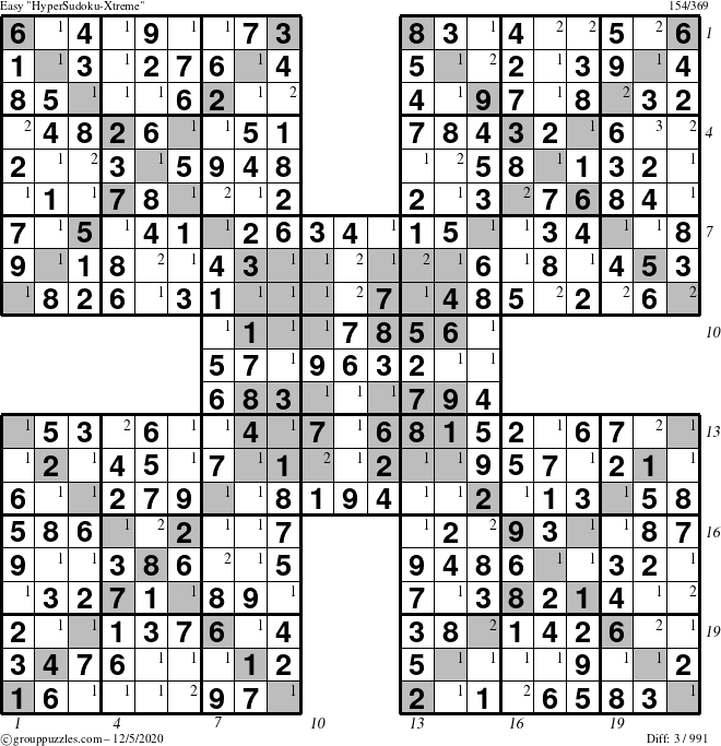 The grouppuzzles.com Easy HyperSudoku-Xtreme puzzle for Saturday December 5, 2020 with all 3 steps marked