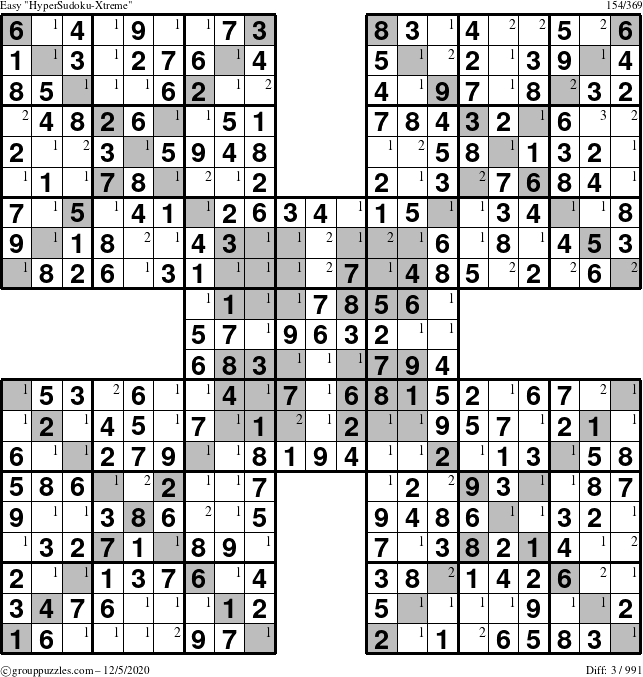 The grouppuzzles.com Easy HyperSudoku-Xtreme puzzle for Saturday December 5, 2020 with the first 3 steps marked