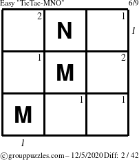 The grouppuzzles.com Easy TicTac-MNO puzzle for Saturday December 5, 2020 with all 2 steps marked