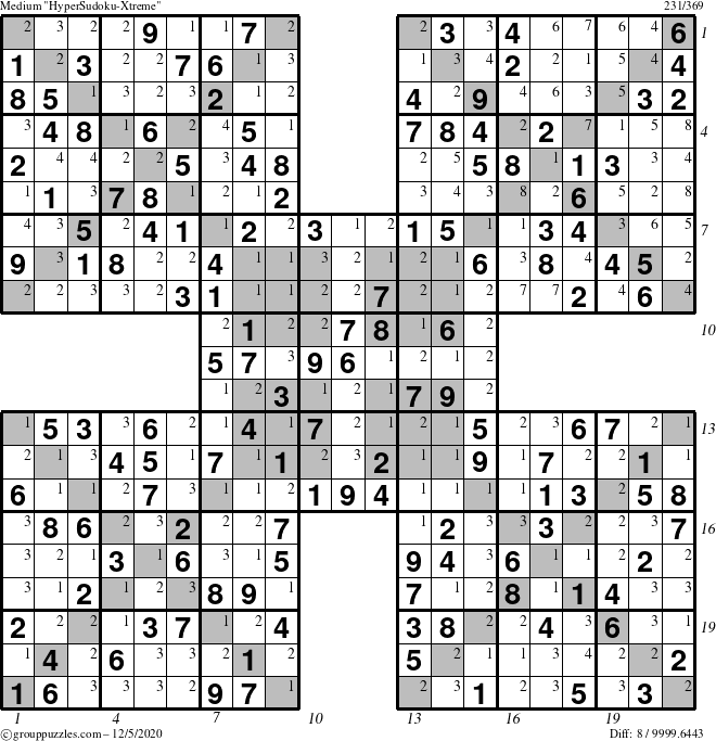 The grouppuzzles.com Medium HyperSudoku-Xtreme puzzle for Saturday December 5, 2020 with all 8 steps marked