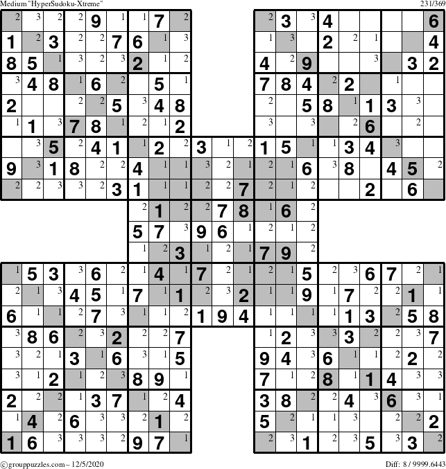 The grouppuzzles.com Medium HyperSudoku-Xtreme puzzle for Saturday December 5, 2020 with the first 3 steps marked