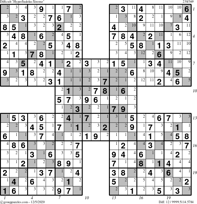 The grouppuzzles.com Difficult HyperSudoku-Xtreme puzzle for Saturday December 5, 2020 with all 12 steps marked