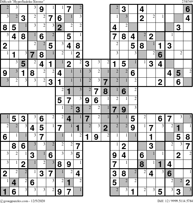 The grouppuzzles.com Difficult HyperSudoku-Xtreme puzzle for Saturday December 5, 2020 with the first 3 steps marked