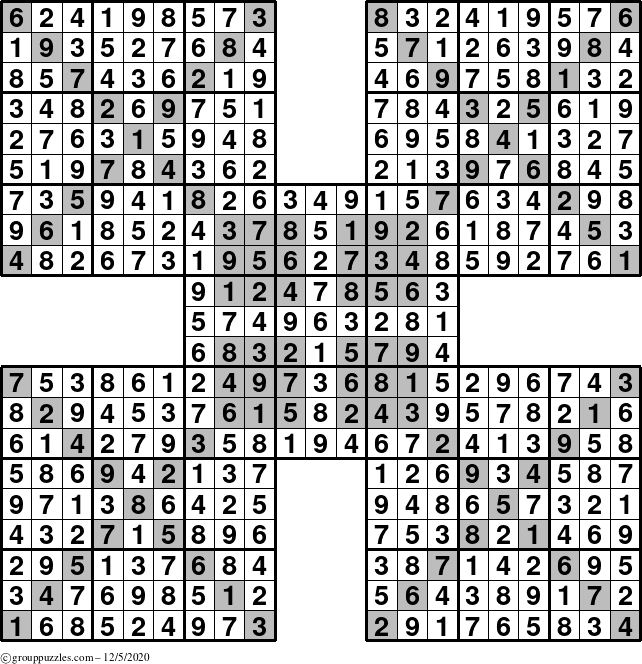 The grouppuzzles.com Answer grid for the HyperSudoku-Xtreme puzzle for Saturday December 5, 2020