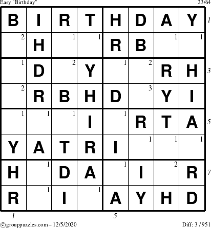 The grouppuzzles.com Easy Birthday puzzle for Saturday December 5, 2020 with all 3 steps marked