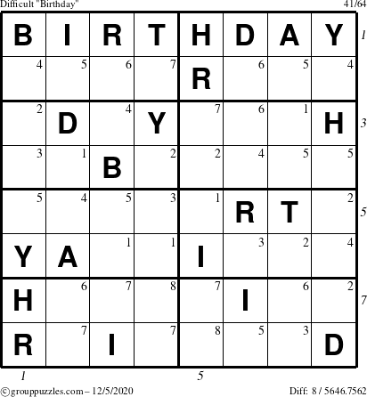 The grouppuzzles.com Difficult Birthday puzzle for Saturday December 5, 2020 with all 8 steps marked