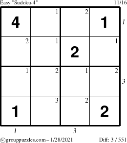 The grouppuzzles.com Easy Sudoku-4 puzzle for Thursday January 28, 2021 with all 3 steps marked