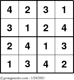 The grouppuzzles.com Answer grid for the Sudoku-4 puzzle for Thursday January 28, 2021