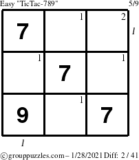 The grouppuzzles.com Easy TicTac-789 puzzle for Thursday January 28, 2021 with all 2 steps marked