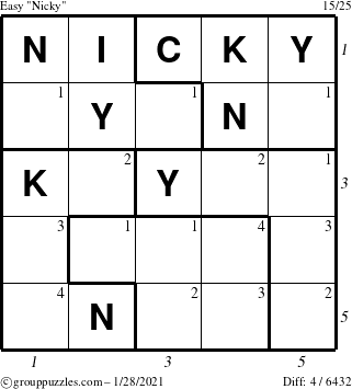 The grouppuzzles.com Easy Nicky puzzle for Thursday January 28, 2021 with all 4 steps marked