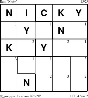 The grouppuzzles.com Easy Nicky puzzle for Thursday January 28, 2021 with the first 3 steps marked