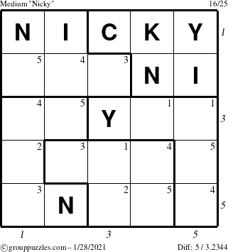 The grouppuzzles.com Medium Nicky puzzle for Thursday January 28, 2021 with all 5 steps marked