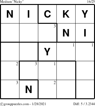 The grouppuzzles.com Medium Nicky puzzle for Thursday January 28, 2021 with the first 3 steps marked