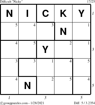 The grouppuzzles.com Difficult Nicky puzzle for Thursday January 28, 2021 with all 5 steps marked