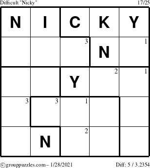 The grouppuzzles.com Difficult Nicky puzzle for Thursday January 28, 2021 with the first 3 steps marked