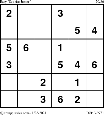 The grouppuzzles.com Easy Sudoku-Junior puzzle for Thursday January 28, 2021