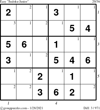 The grouppuzzles.com Easy Sudoku-Junior puzzle for Thursday January 28, 2021 with all 3 steps marked