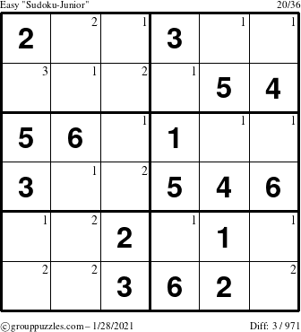 The grouppuzzles.com Easy Sudoku-Junior puzzle for Thursday January 28, 2021 with the first 3 steps marked