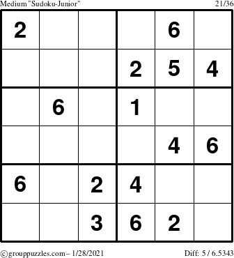 The grouppuzzles.com Medium Sudoku-Junior puzzle for Thursday January 28, 2021