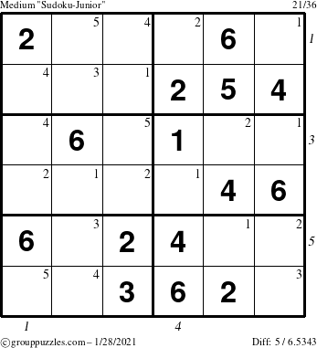 The grouppuzzles.com Medium Sudoku-Junior puzzle for Thursday January 28, 2021 with all 5 steps marked