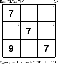 The grouppuzzles.com Easy TicTac-789 puzzle for Thursday January 28, 2021 with the first 2 steps marked