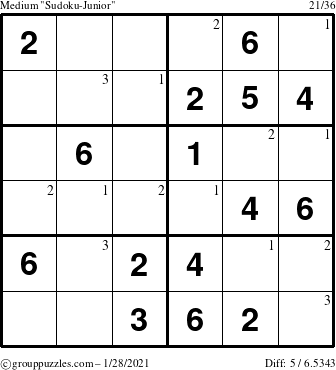 The grouppuzzles.com Medium Sudoku-Junior puzzle for Thursday January 28, 2021 with the first 3 steps marked