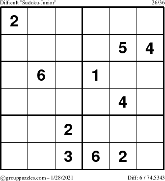 The grouppuzzles.com Difficult Sudoku-Junior puzzle for Thursday January 28, 2021