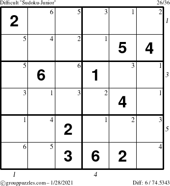 The grouppuzzles.com Difficult Sudoku-Junior puzzle for Thursday January 28, 2021 with all 6 steps marked