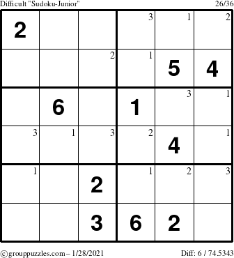 The grouppuzzles.com Difficult Sudoku-Junior puzzle for Thursday January 28, 2021 with the first 3 steps marked