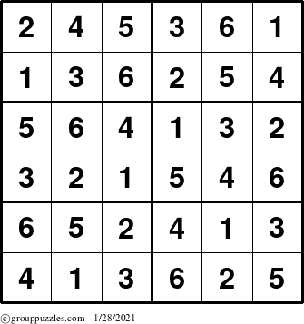 The grouppuzzles.com Answer grid for the Sudoku-Junior puzzle for Thursday January 28, 2021