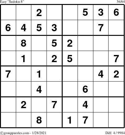 The grouppuzzles.com Easy Sudoku-8 puzzle for Thursday January 28, 2021